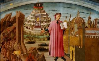 Данте, держащий копию Божественной комедии, на фреске Доменико ди Микелино, 1465. Источник: wikipedia.org